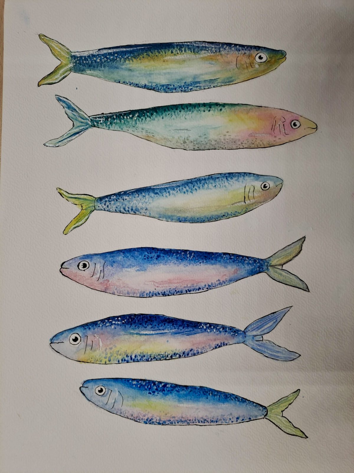 Aquarell mit sechs Fischen, Schülerarbeit